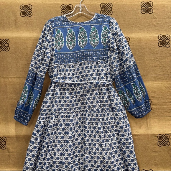 Emerson Fry India Collection Blue&White Paisley Cotton Boho Peasant Midi Dress - Picture 14 of 16